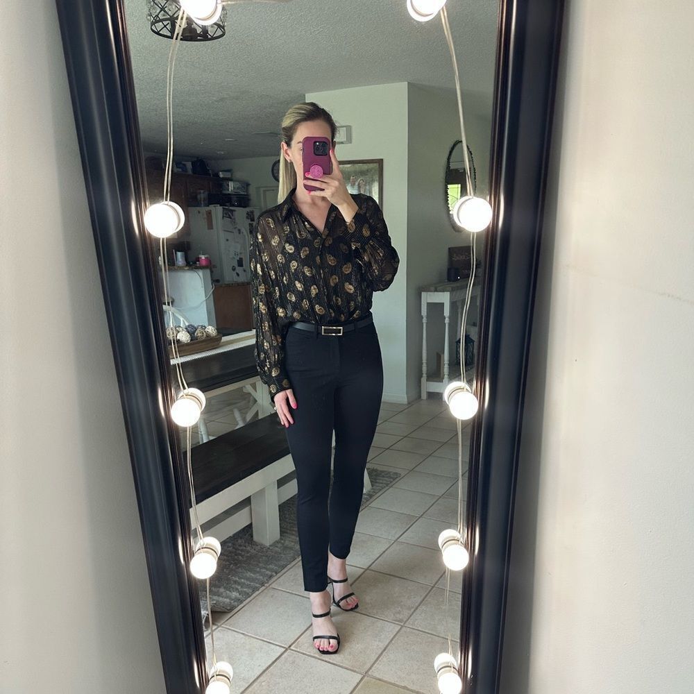 Zara Black & Gold Metallic Paisley Print Button Down Long Sleeve Blouse